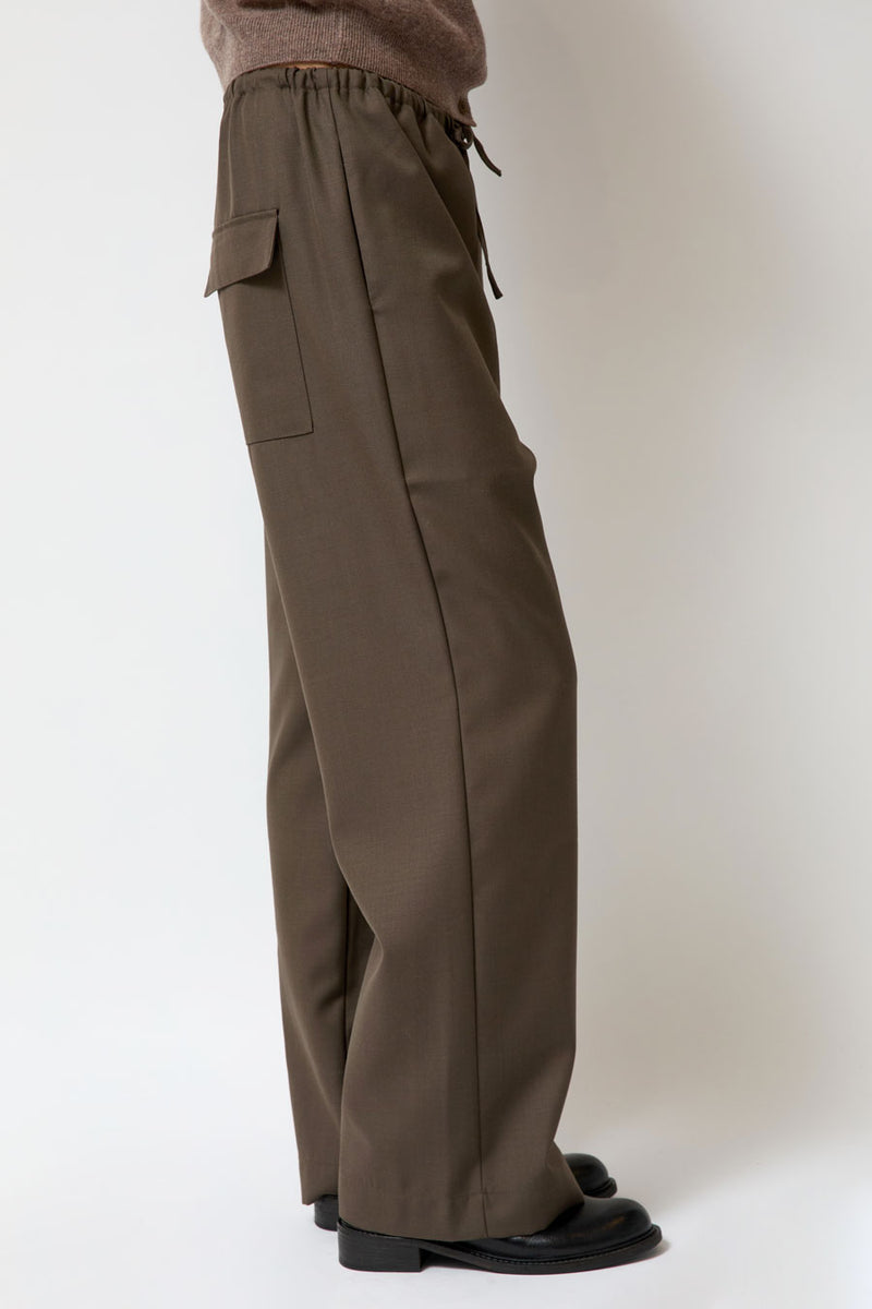 Mijeong Park Wool Blend Drawstring Pants in Olive Brown