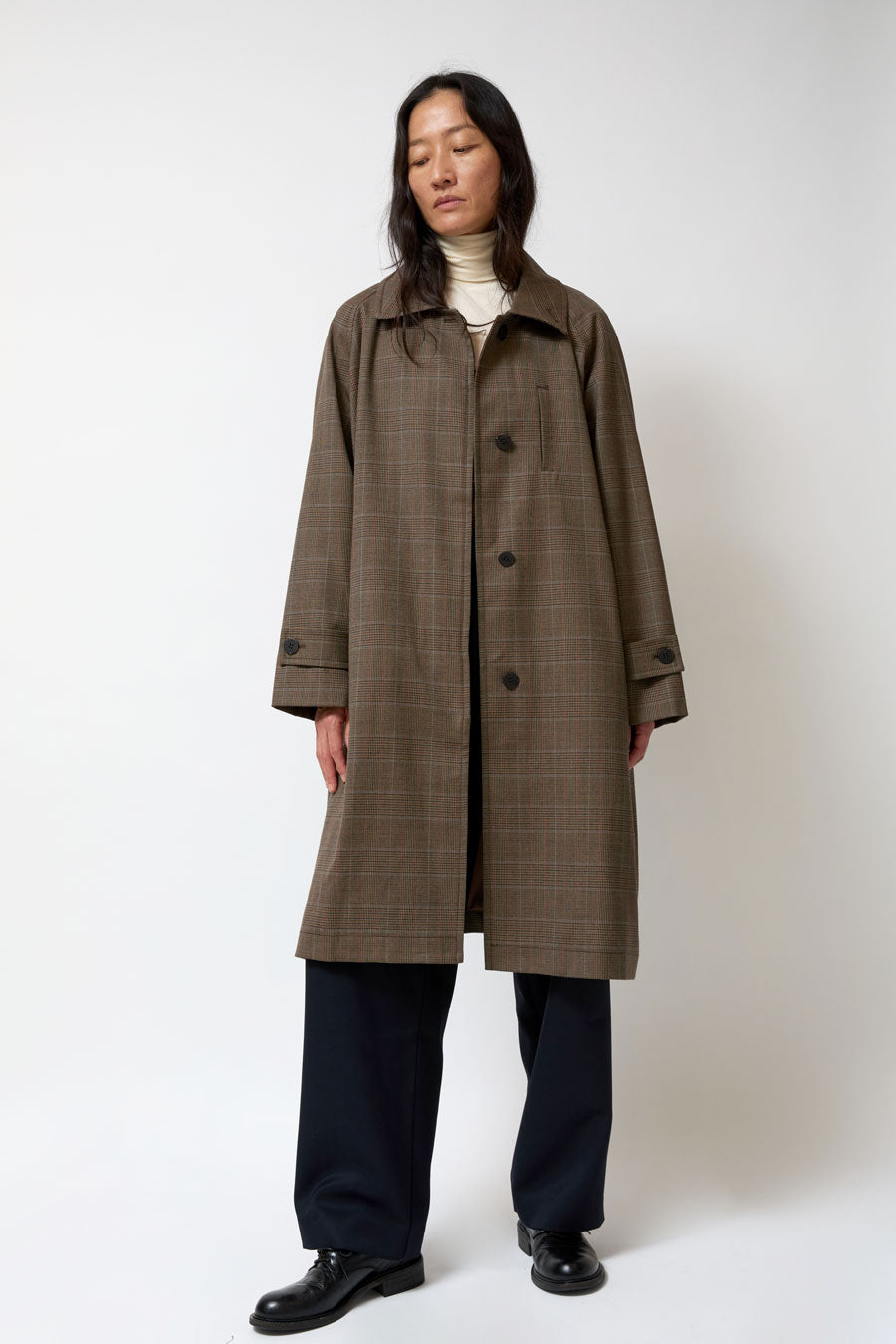 Mijeong Park Wool Blend Plaid Trench Coat in Brown Plaid