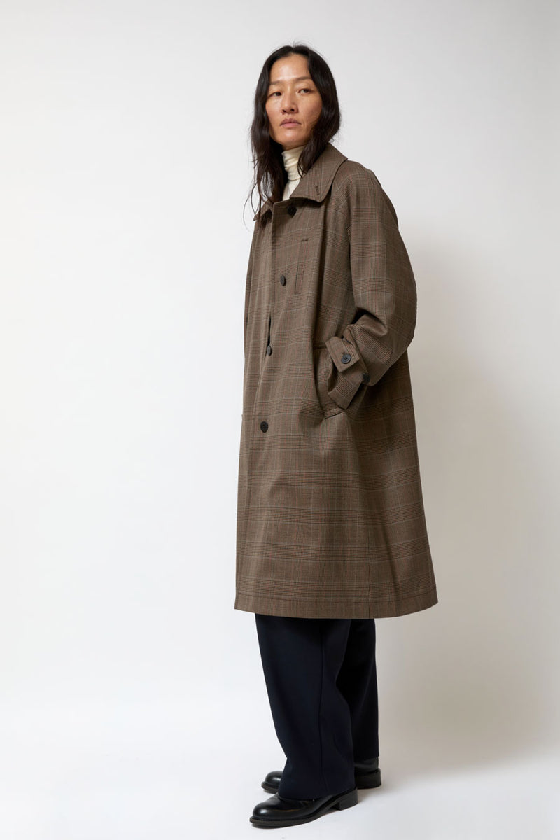 Mijeong Park Wool Blend Plaid Trench Coat in Brown Plaid
