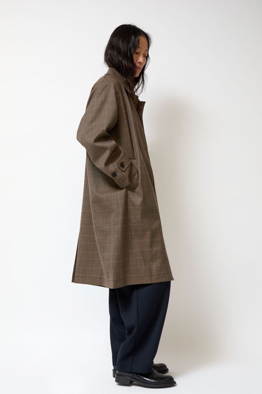 Mijeong Park Wool Blend Plaid Trench Coat in Brown Plaid