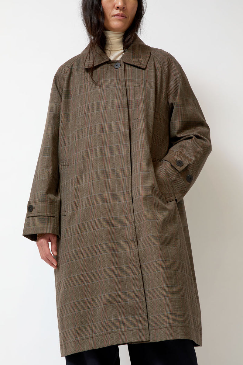 Mijeong Park Wool Blend Plaid Trench Coat in Brown Plaid