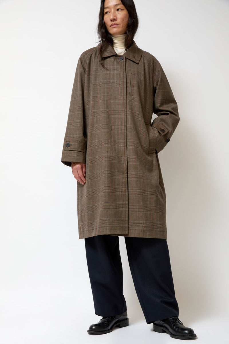 Mijeong Park Wool Blend Plaid Trench Coat in Brown Plaid