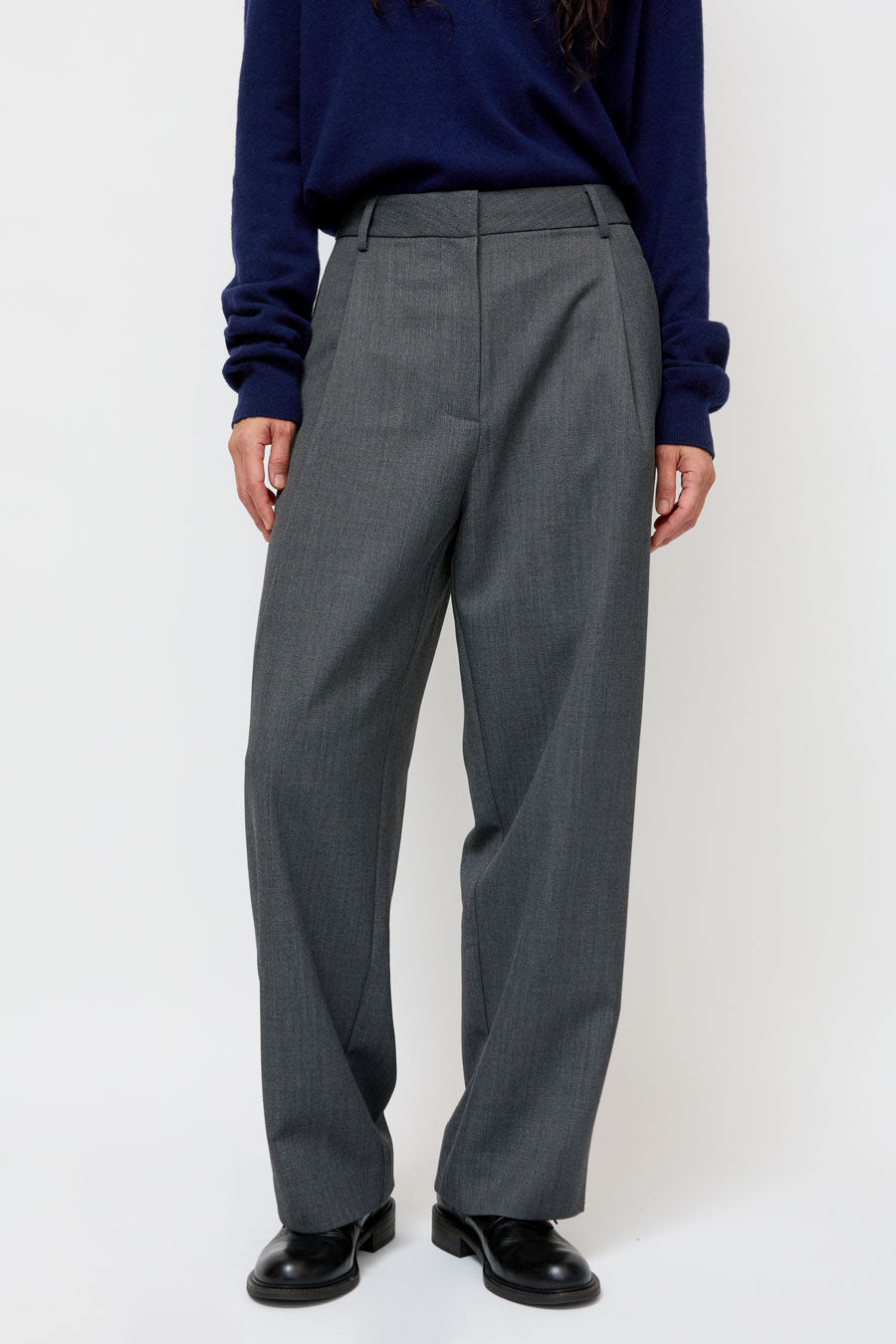 Mijeong Park Wool Blend Pleated Tailored Pants in Charcoal