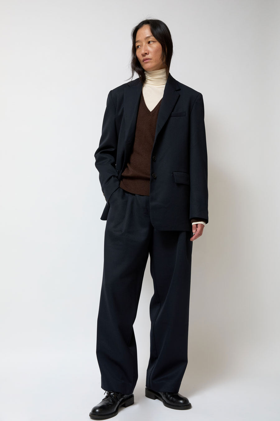 Mijeong Park Wool Blend Pleated Tailored Pants in Navy
