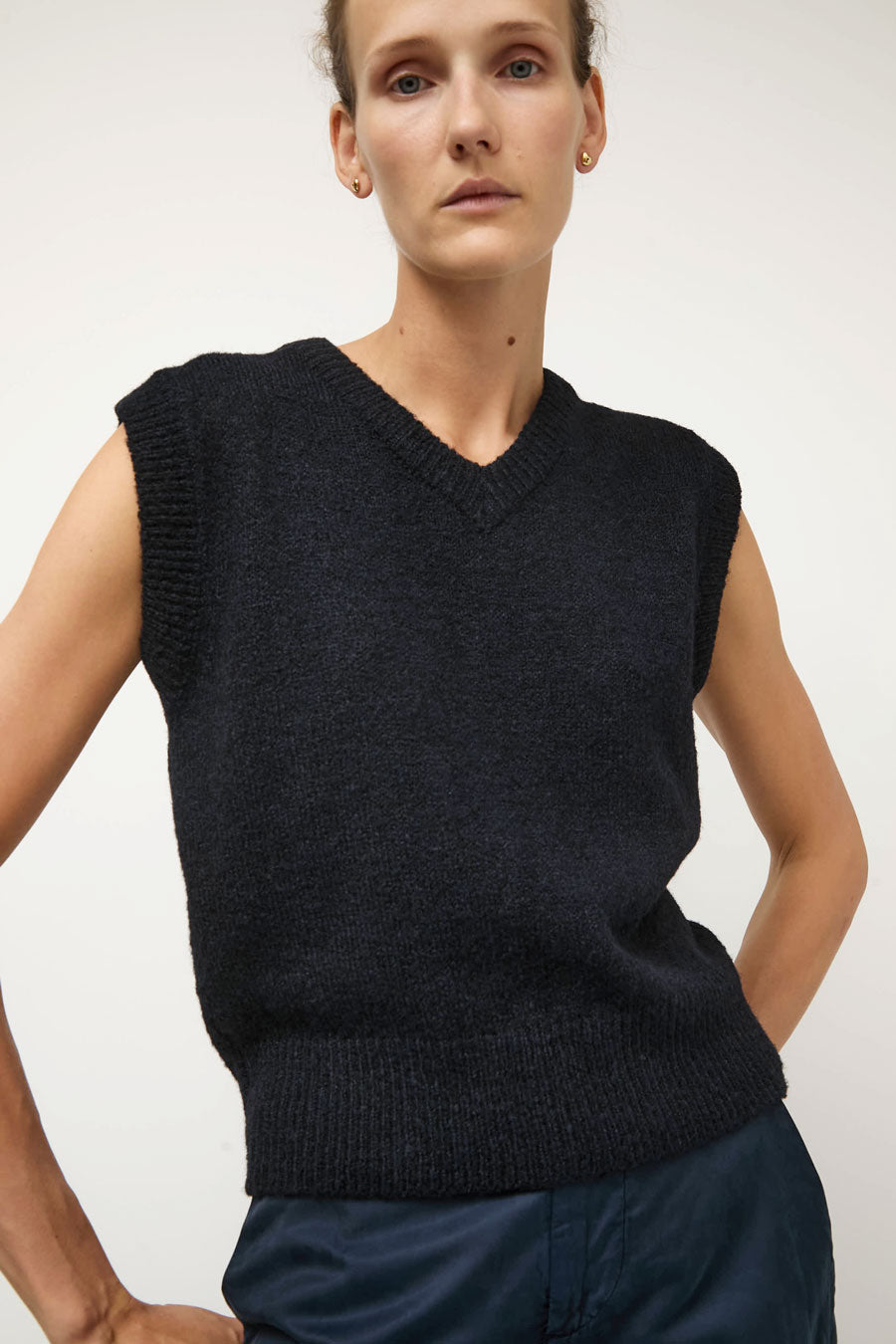 Mijeong Park Wool Blend V-Neck Vest in Navy