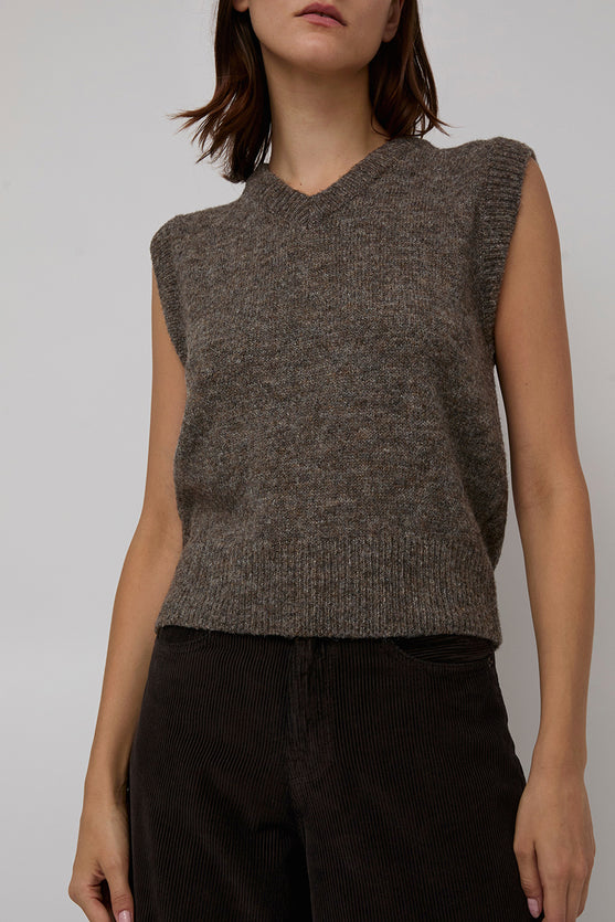 Mijeong Park Wool Blend V-Neck Vest in Heather Brown