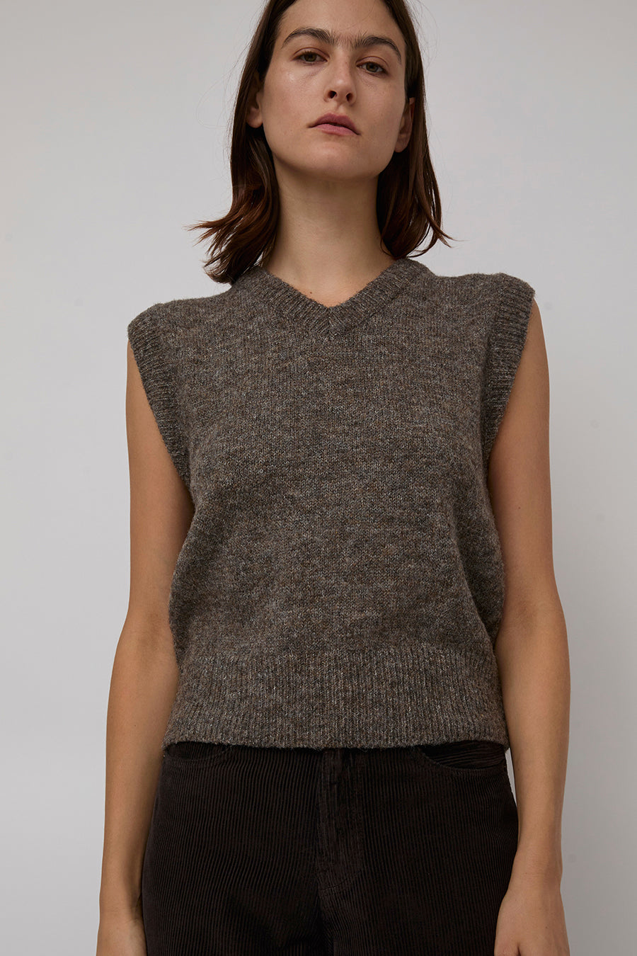 Mijeong Park Wool Blend V-Neck Vest in Heather Brown