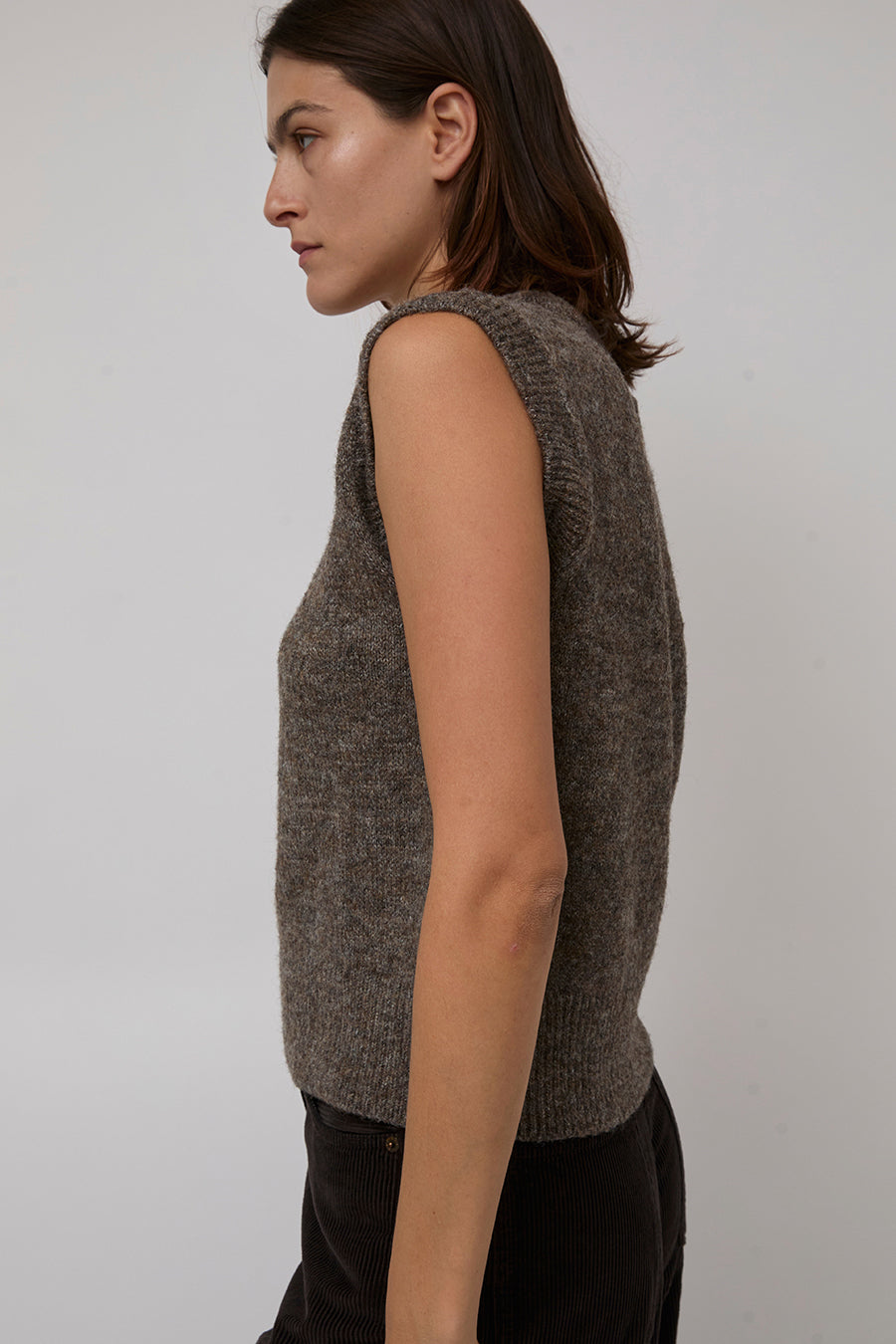 Mijeong Park Wool Blend V-Neck Vest in Heather Brown