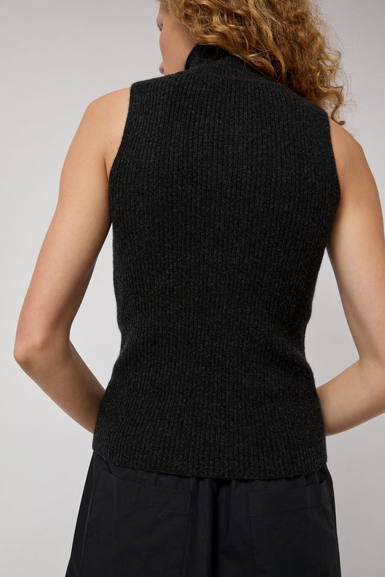 Modern Weaving Cashmere Mock Collar Rib Top in Black Melange