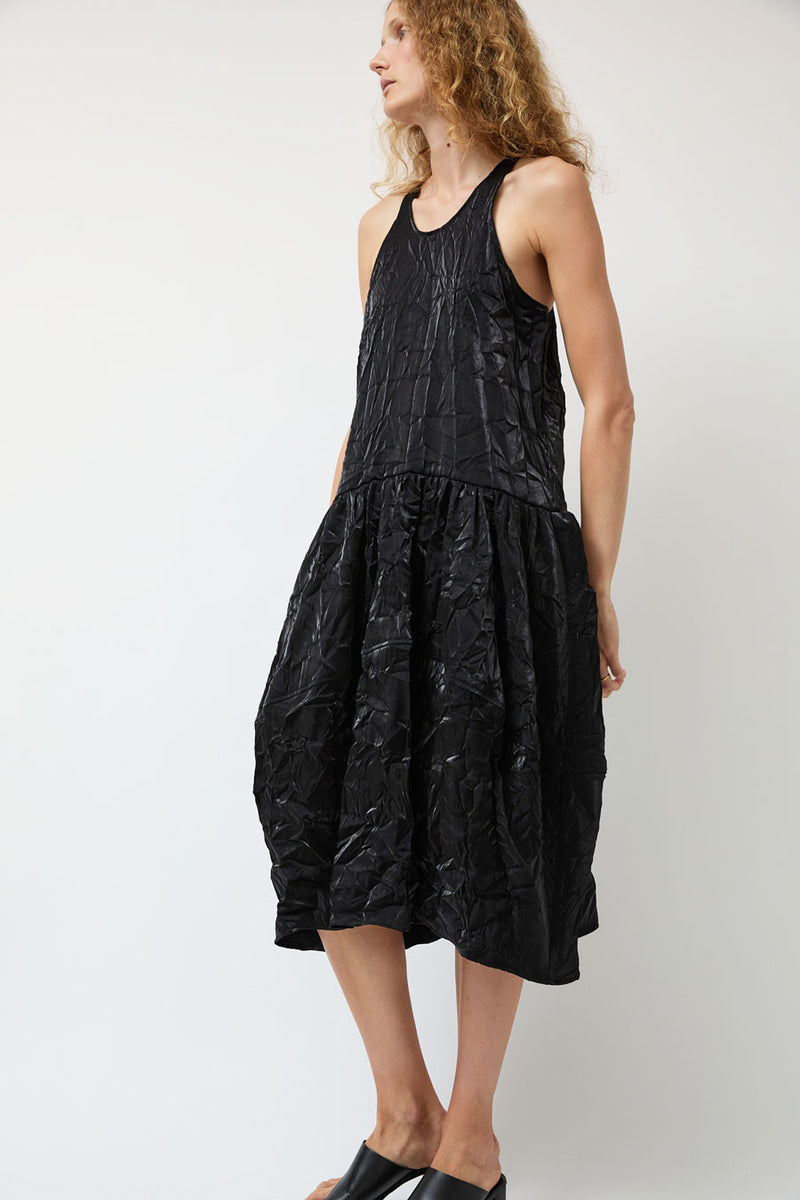 Modern Weaving Voluminous Tank Dress in Black Crinkle Habotai