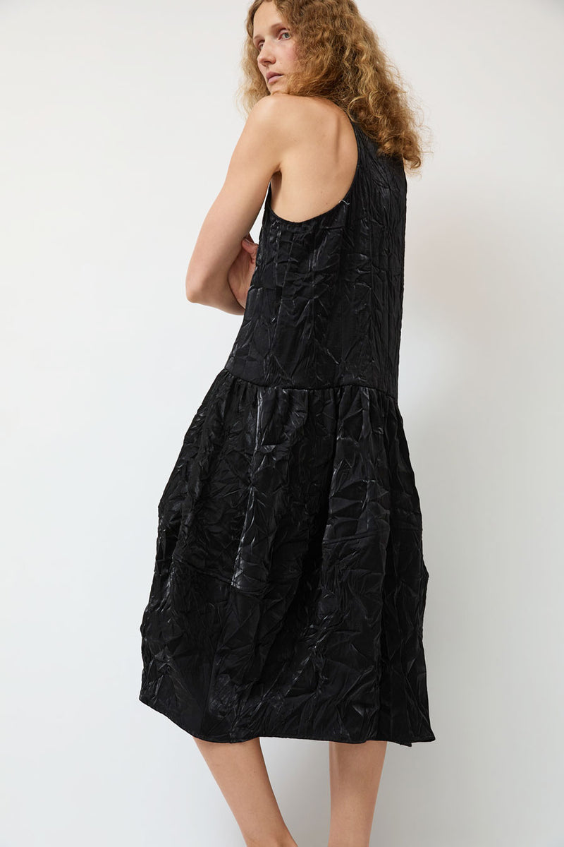 Modern Weaving Voluminous Tank Dress in Black Crinkle Habotai