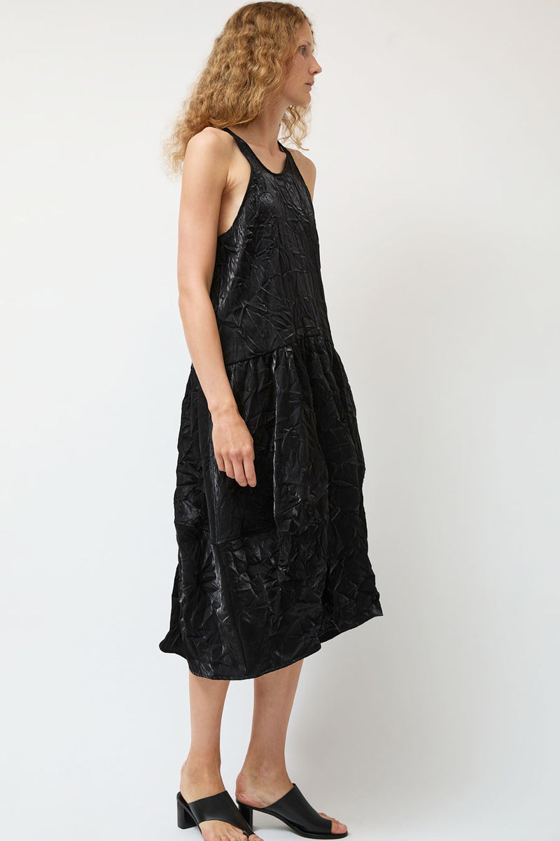 Modern Weaving Voluminous Tank Dress in Black Crinkle Habotai