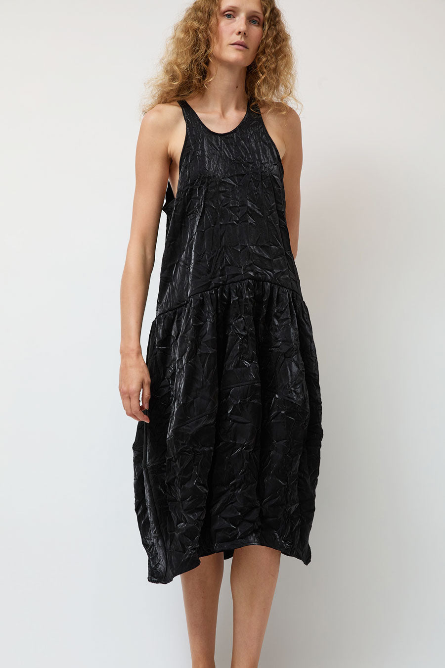 Modern Weaving Voluminous Tank Dress in Black Crinkle Habotai