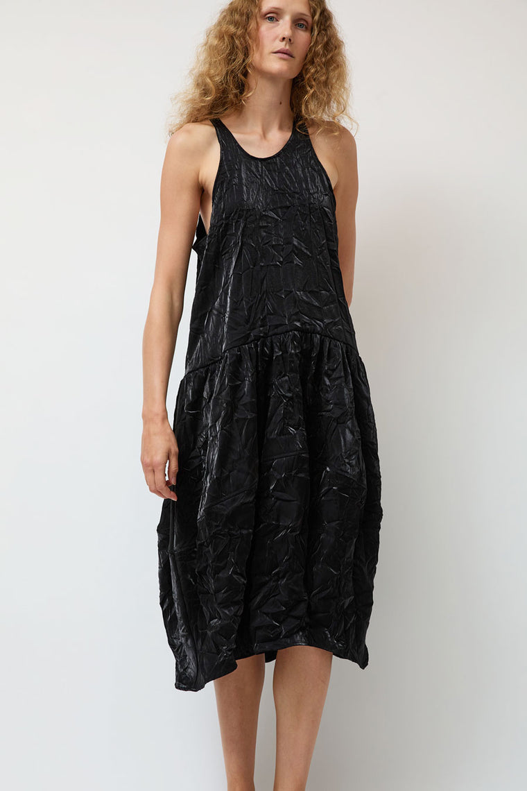 Modern Weaving Voluminous Tank Dress in Black Crinkle Habotai