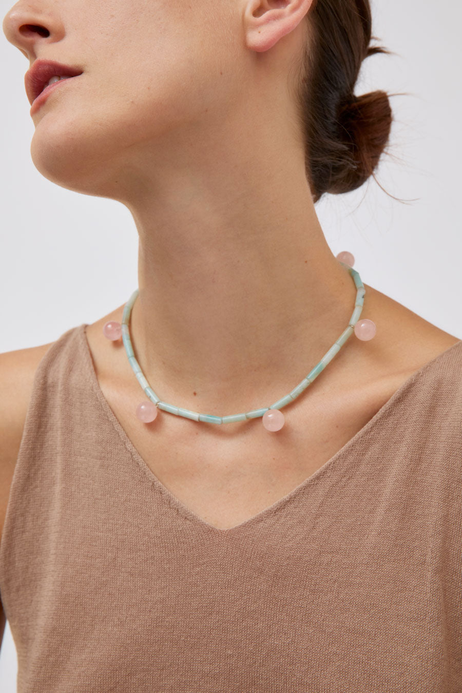 Mussels and Muscles Dew Necklace in Rose Quartz and Amazonite