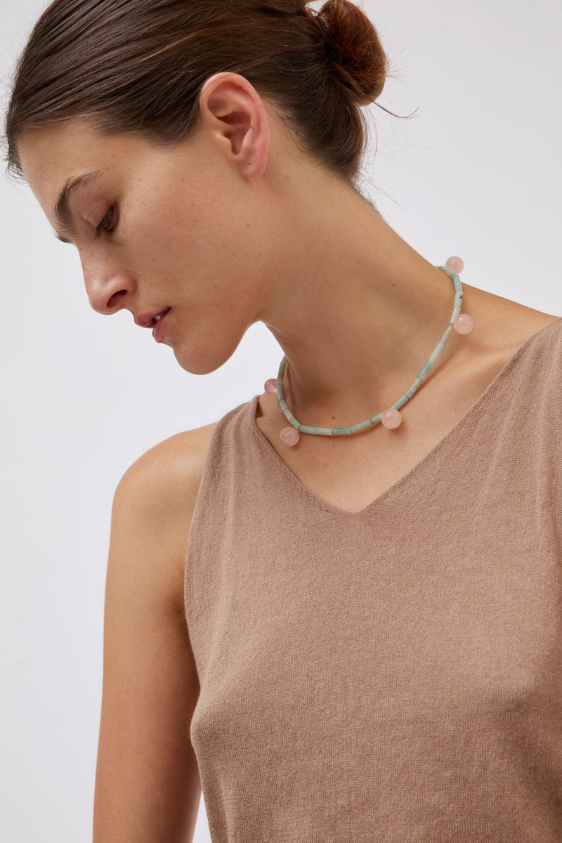 Mussels and Muscles Dew Necklace in Rose Quartz and Amazonite