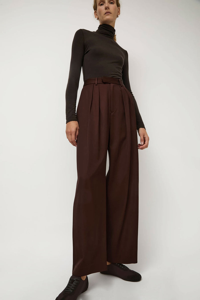 NOMIA Wide Leg Pleated Trouser in Carob