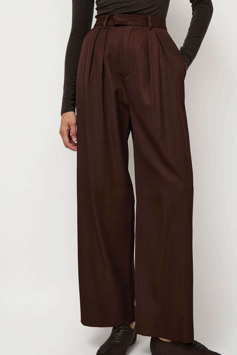 NOMIA Wide Leg Pleated Trouser in Carob