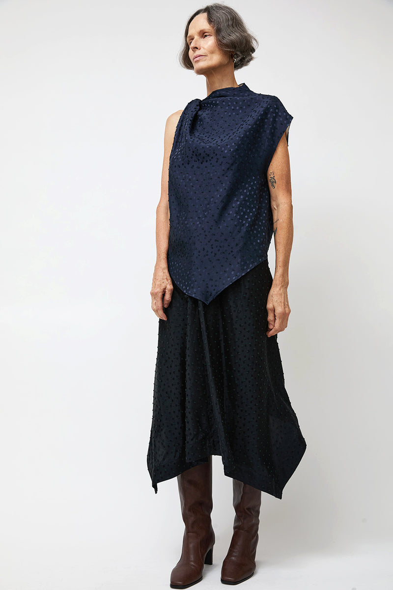 NOMIA A Line Asymmetric Skirt in Black Dot Satin