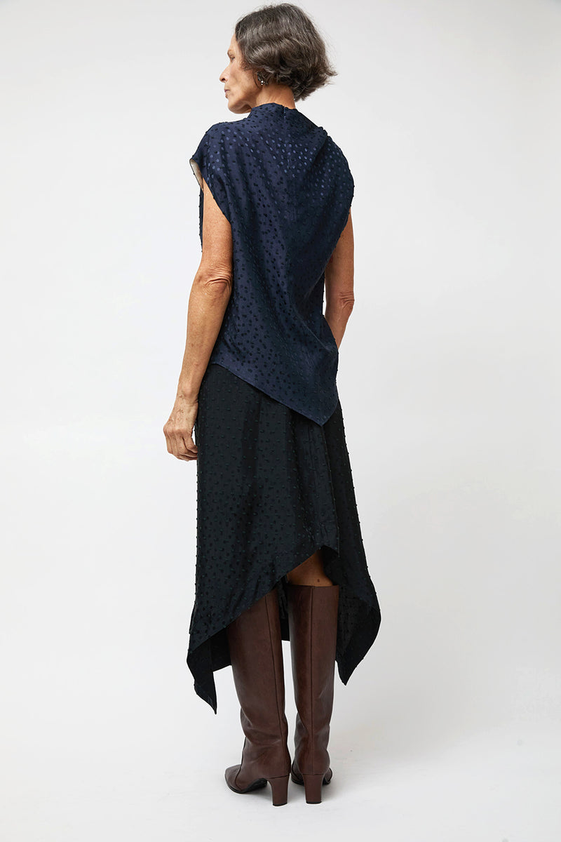NOMIA A Line Asymmetric Skirt in Black Dot Satin