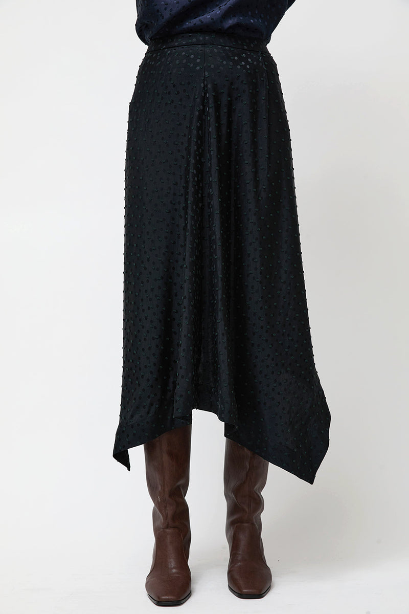 NOMIA A Line Asymmetric Skirt in Black Dot Satin