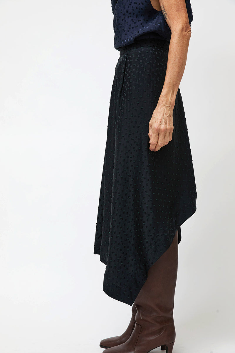NOMIA A Line Asymmetric Skirt in Black Dot Satin