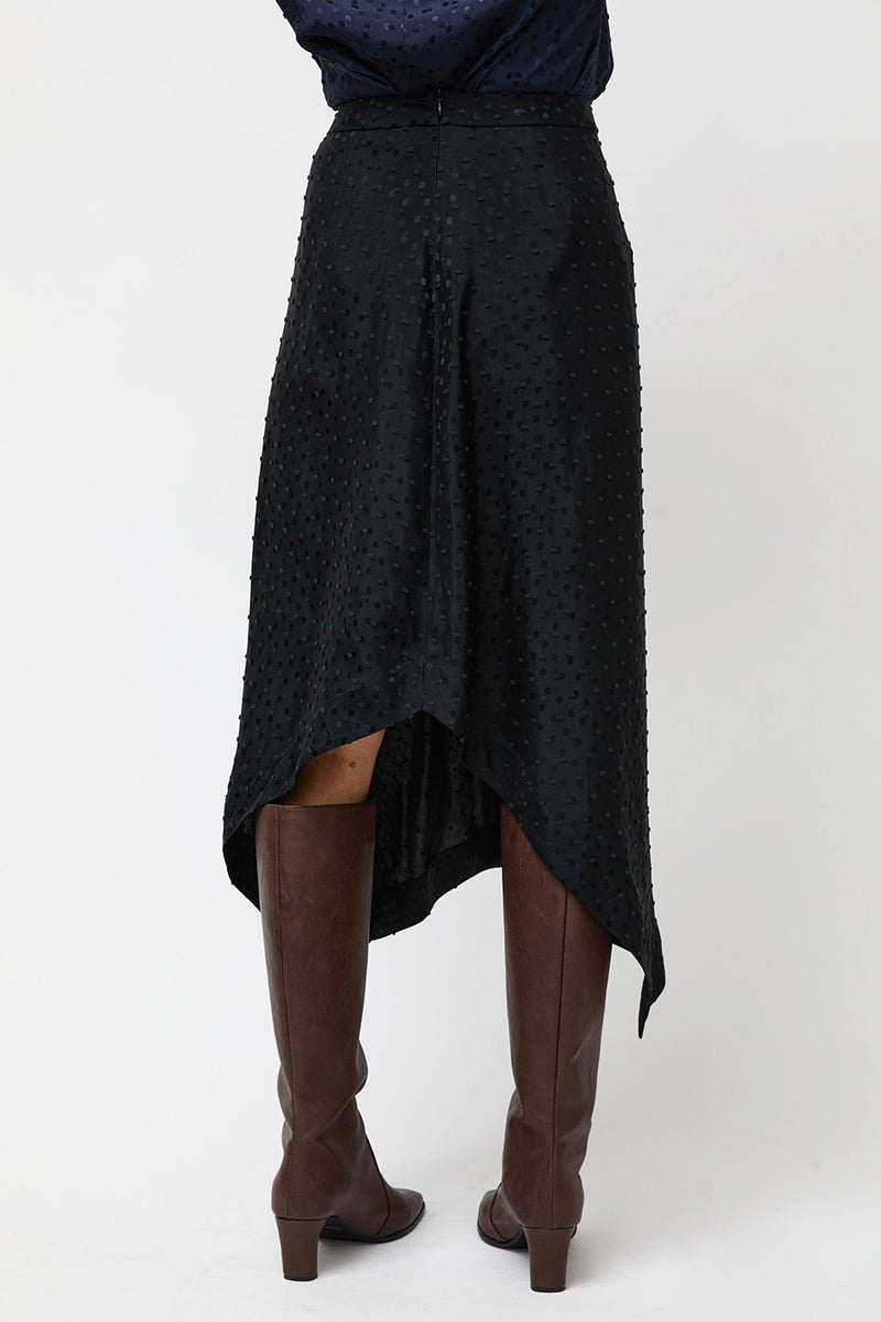 NOMIA A Line Asymmetric Skirt in Black Dot Satin