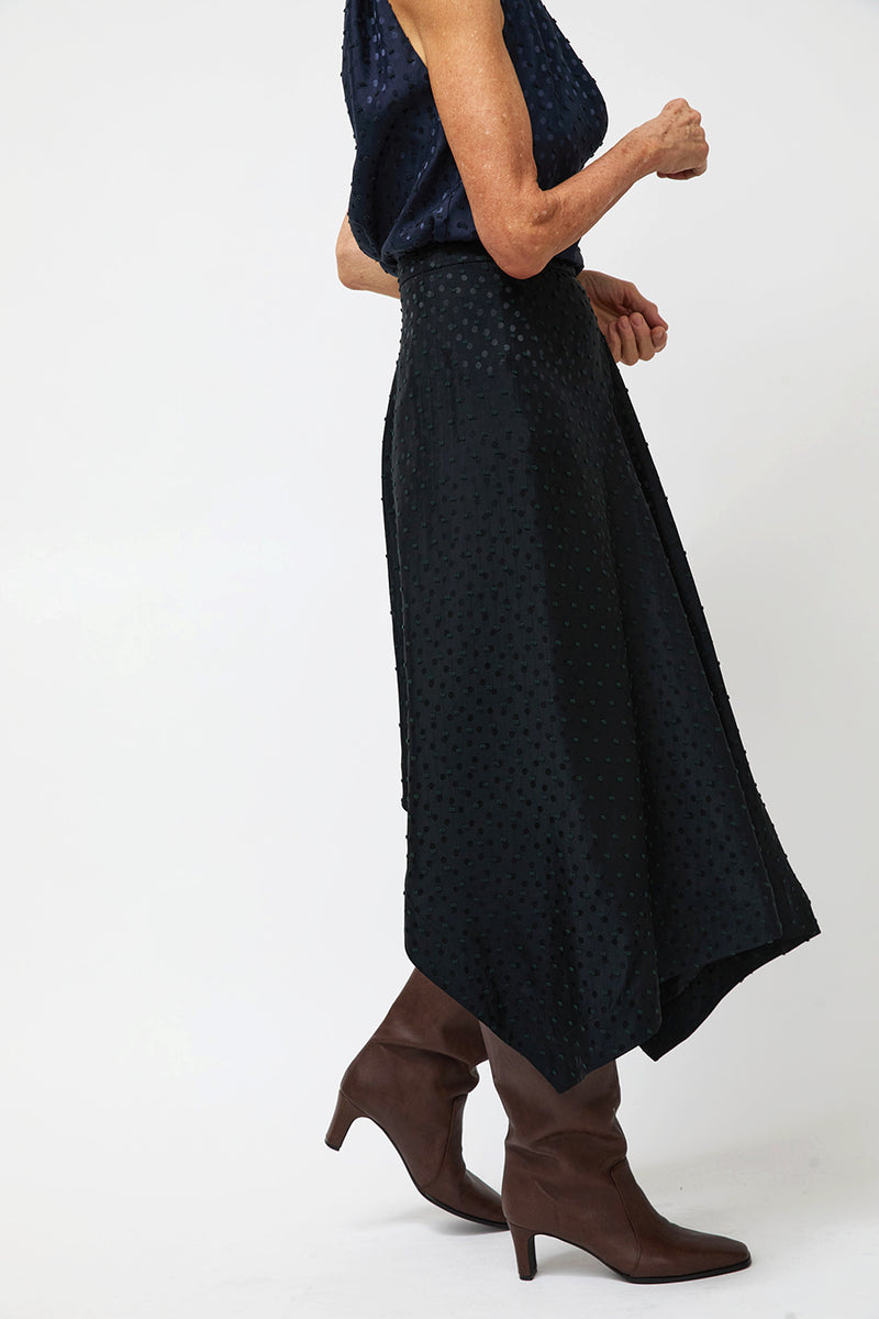 NOMIA A Line Asymmetric Skirt in Black Dot Satin