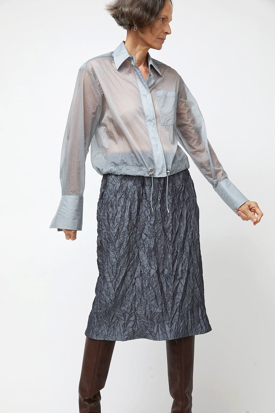 NOMIA Sheer Nylon Cropped Button Down in Mist