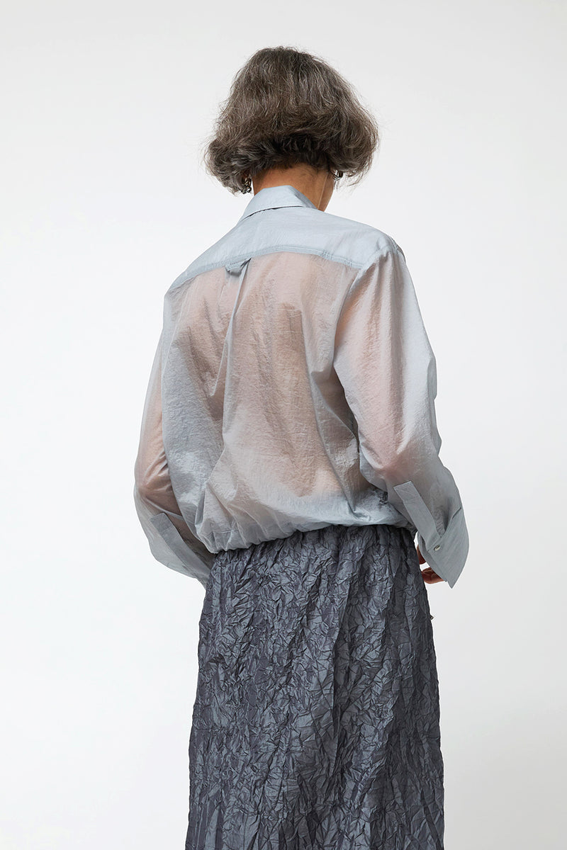 NOMIA Sheer Nylon Cropped Button Down in Mist