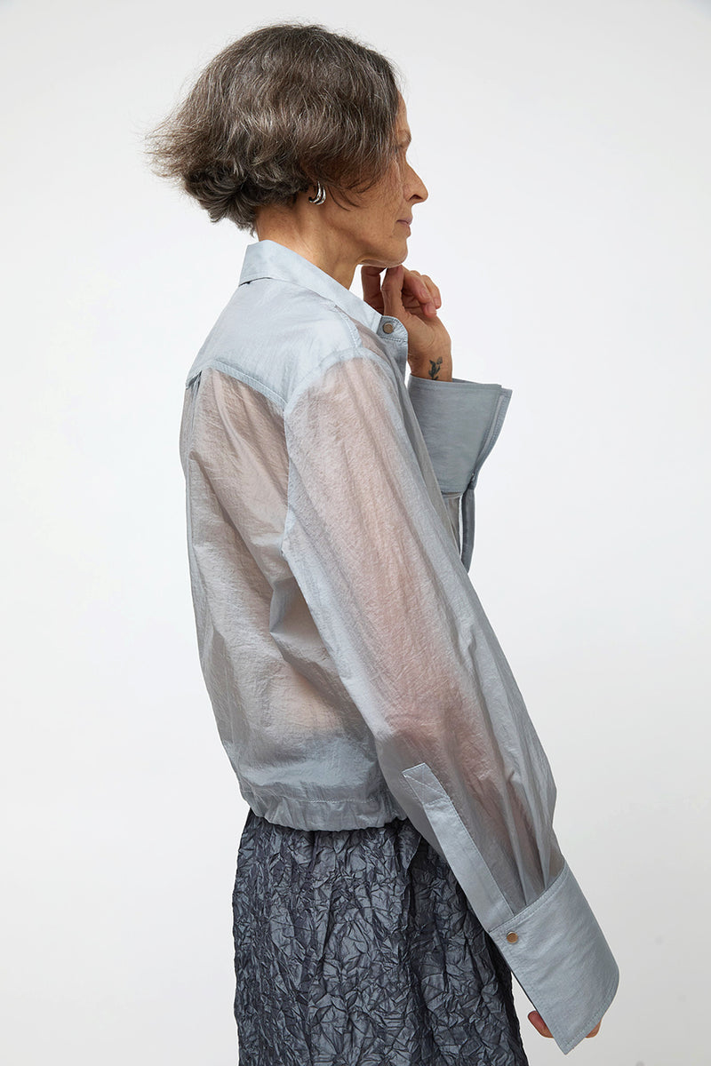 NOMIA Sheer Nylon Cropped Button Down in Mist
