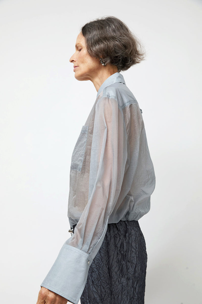 NOMIA Sheer Nylon Cropped Button Down in Mist