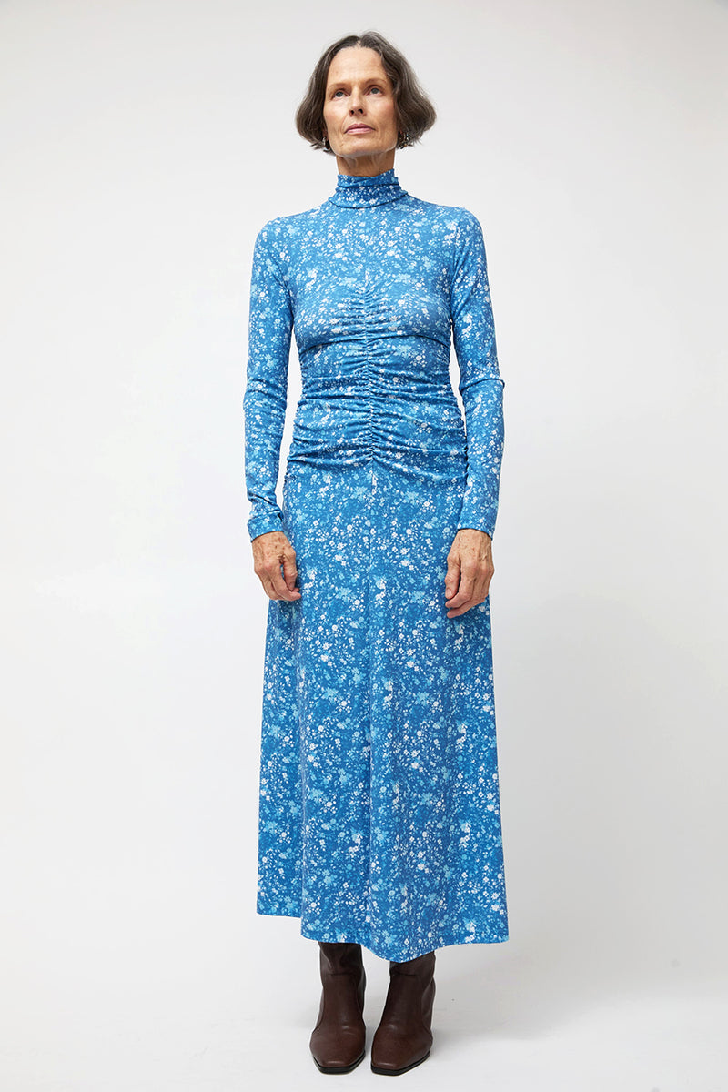 NOMIA Shirred Long Sleeve Turtleneck Dress in Cyan
