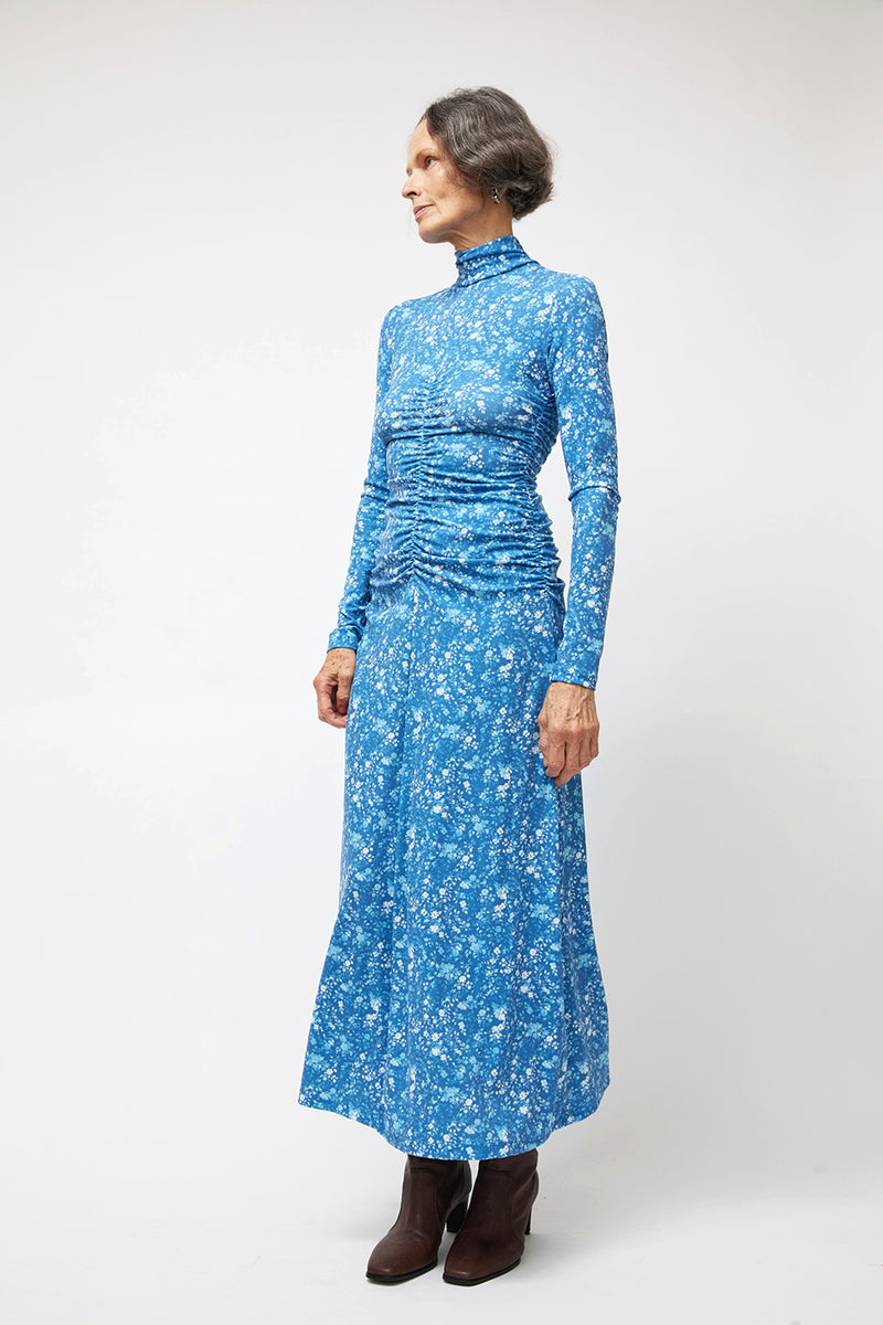 NOMIA Shirred Long Sleeve Turtleneck Dress in Cyan