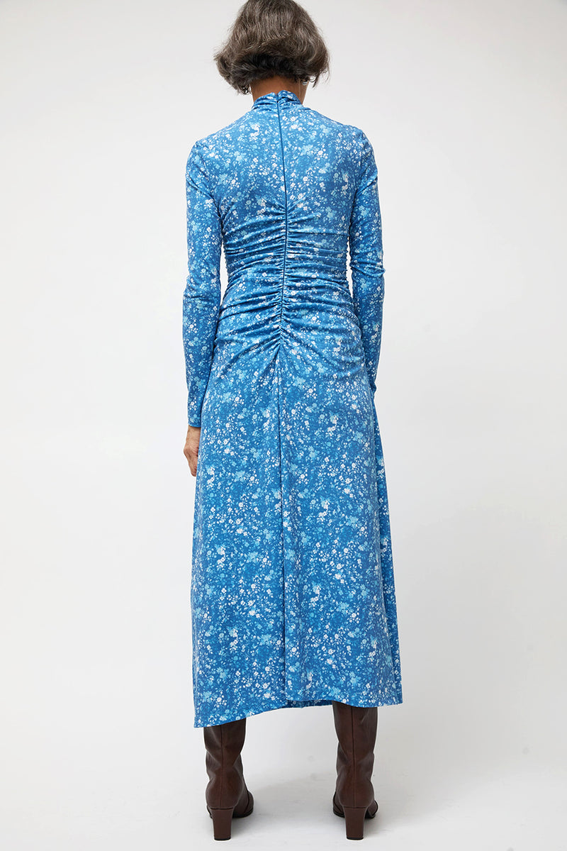 NOMIA Shirred Long Sleeve Turtleneck Dress in Cyan