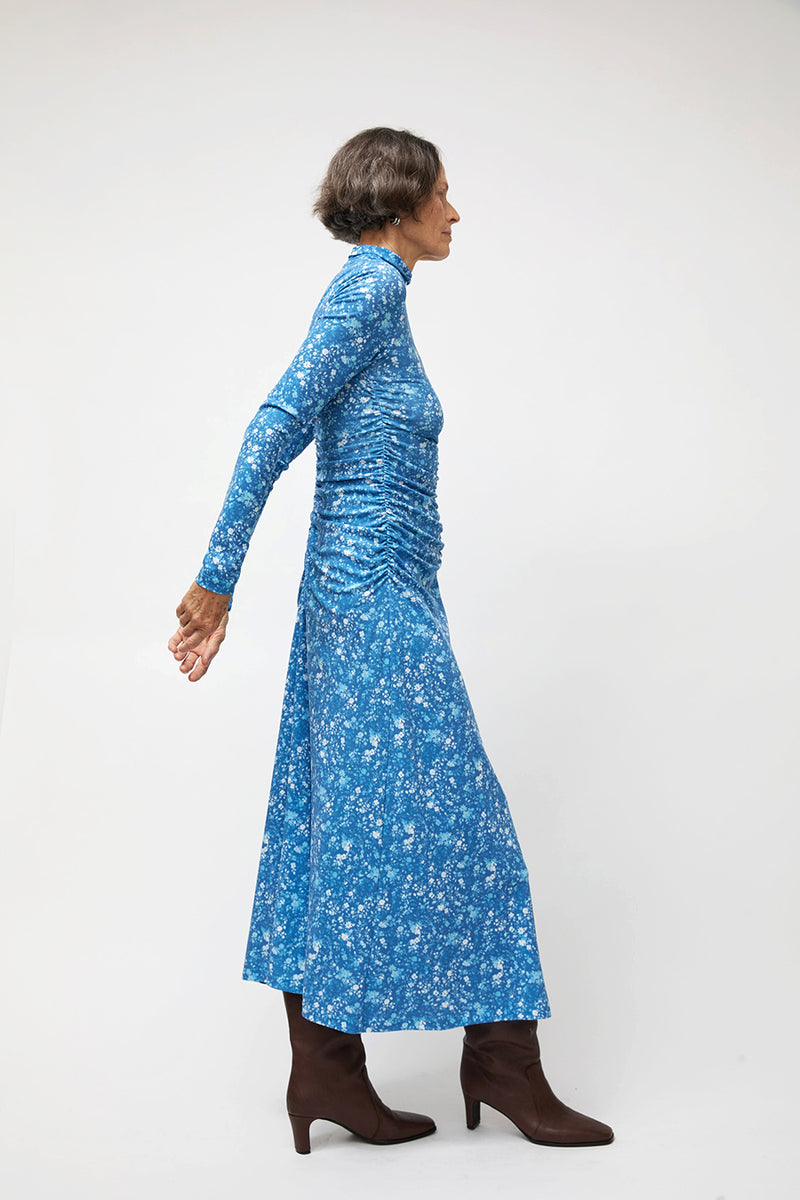 NOMIA Shirred Long Sleeve Turtleneck Dress in Cyan
