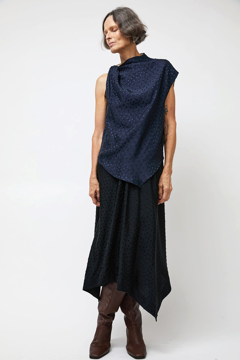 NOMIA Twist Shoulder Top in Navy Dot Satin