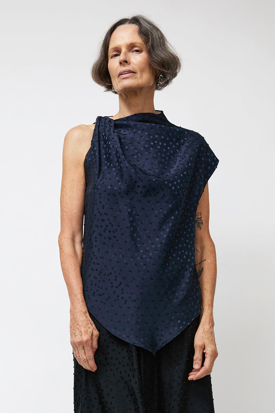 NOMIA Twist Shoulder Top in Navy Dot Satin
