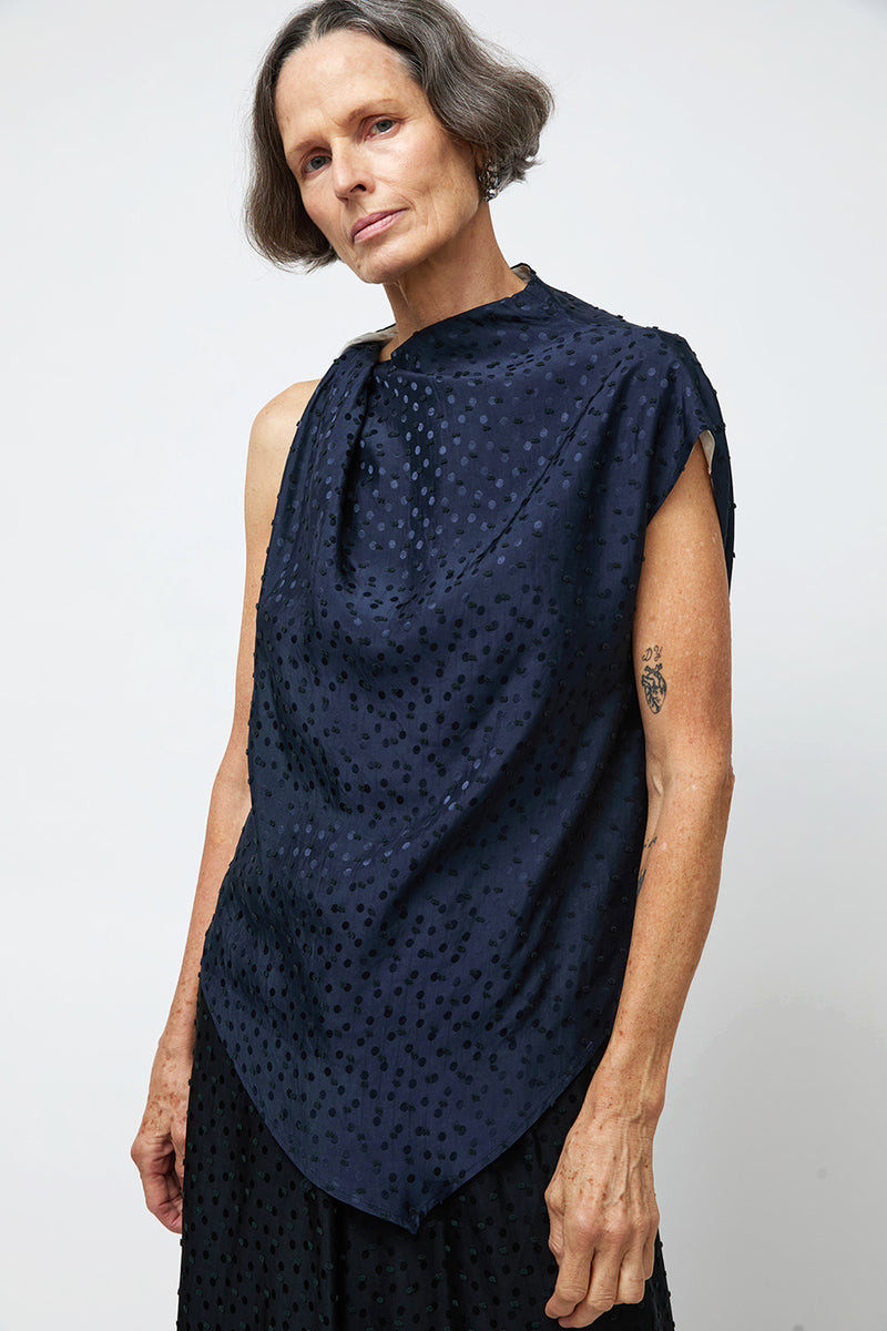 NOMIA Twist Shoulder Top in Navy Dot Satin
