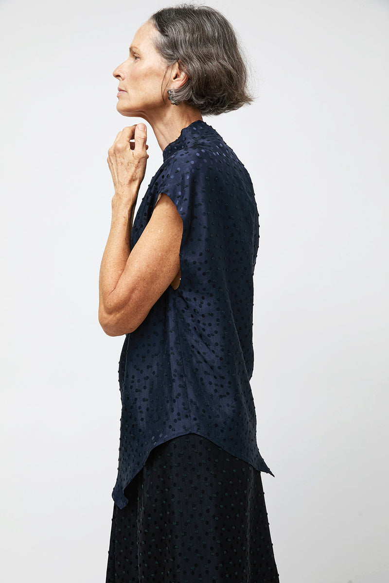 NOMIA Twist Shoulder Top in Navy Dot Satin