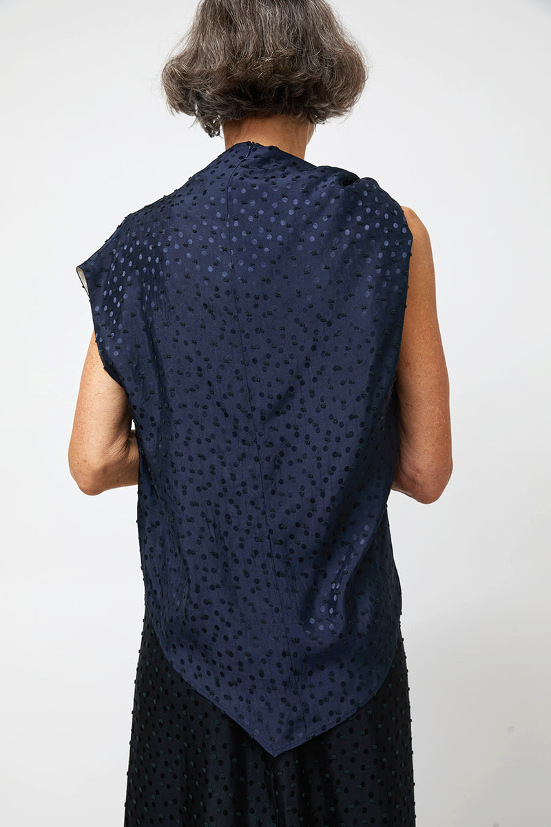 NOMIA Twist Shoulder Top in Navy Dot Satin
