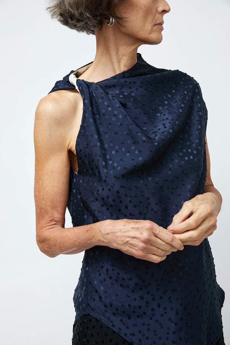 NOMIA Twist Shoulder Top in Navy Dot Satin