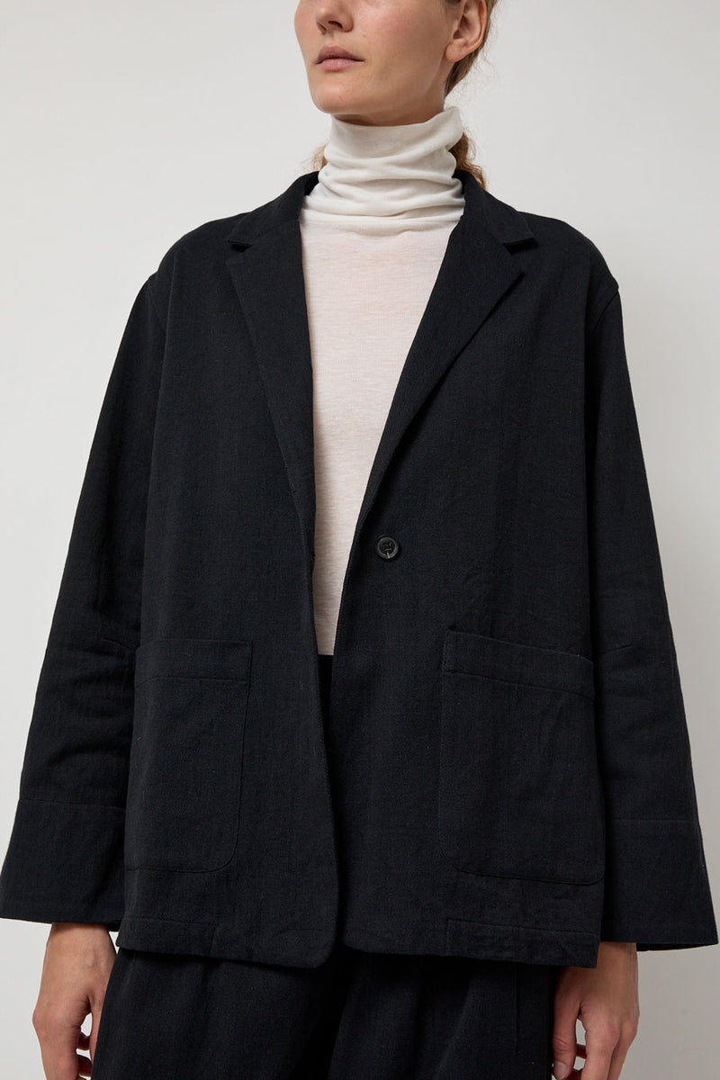 NYMANE Drapey Blazer in Black Warp and Indigo Weft