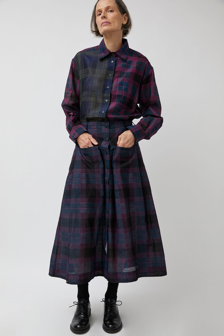 NYMANE Utility Skirt in Black Violet Plaid