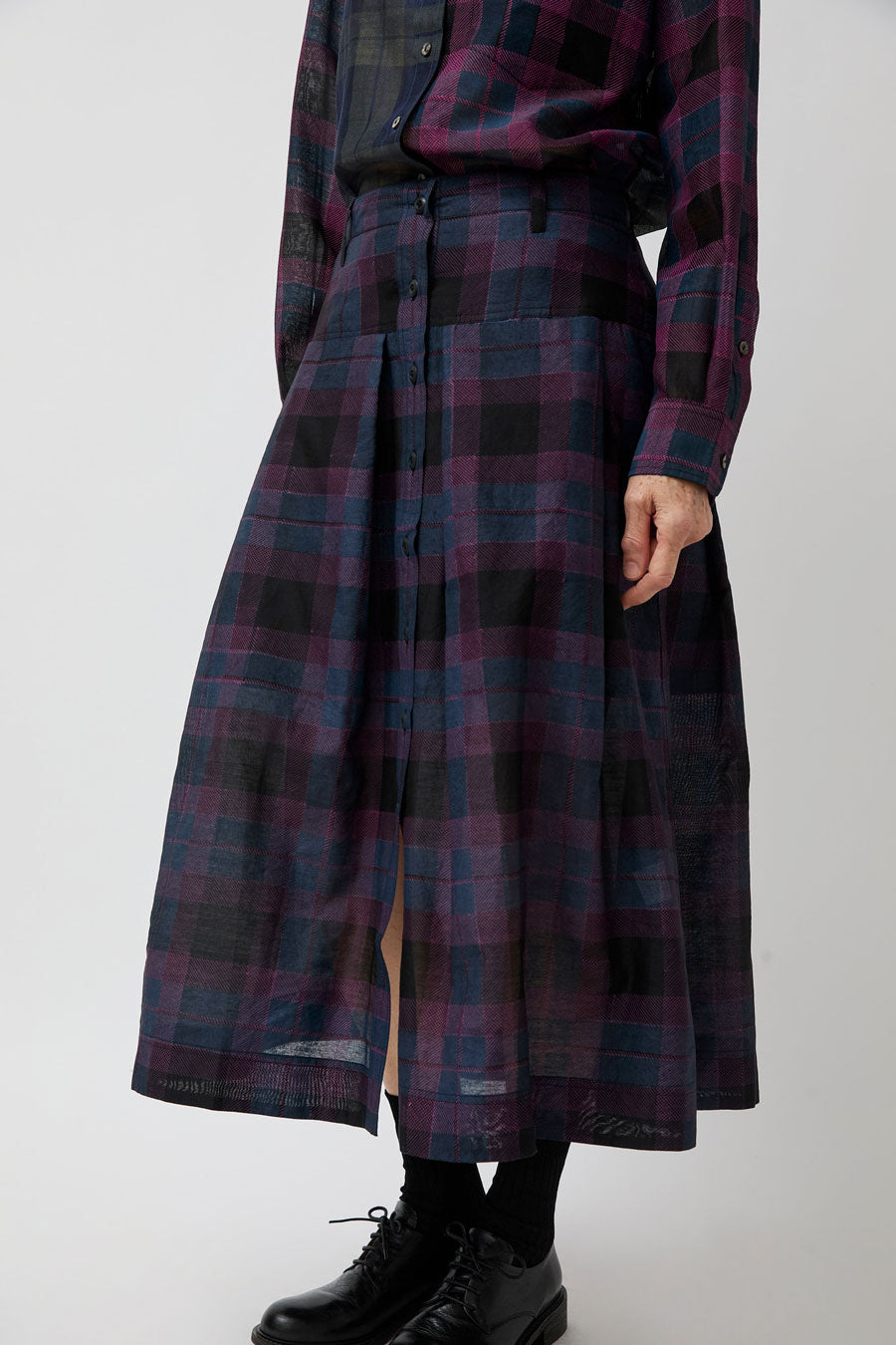 NYMANE Utility Skirt in Black Violet Plaid