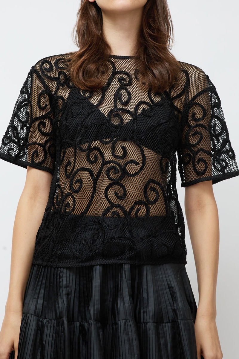 Nikki Chasin Rafa Embroidered Net Top in Black