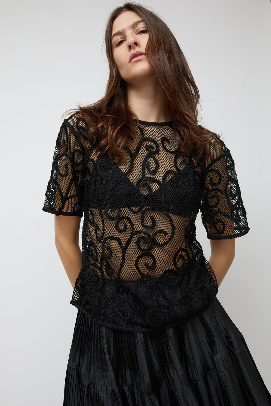 Nikki Chasin Rafa Embroidered Net Top in Black