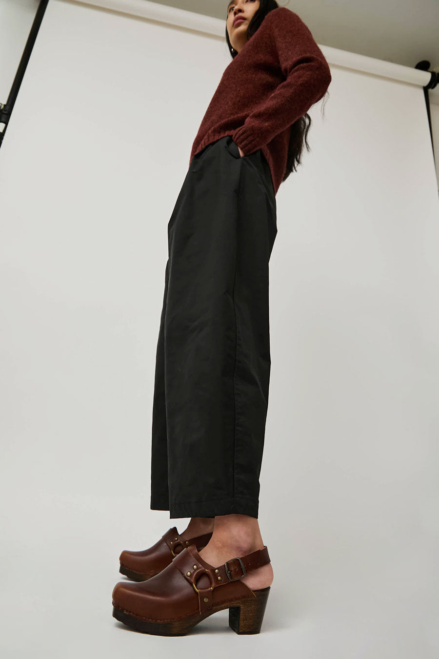 No.6 Arlo Clog on Square Toe Mid Heel in Chestnut on Cocoa Base