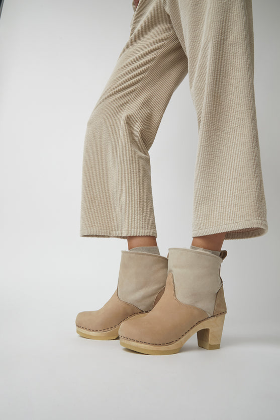 No.6 5" Pull On Shearling Clog Boot on High Heel in Bone Suede