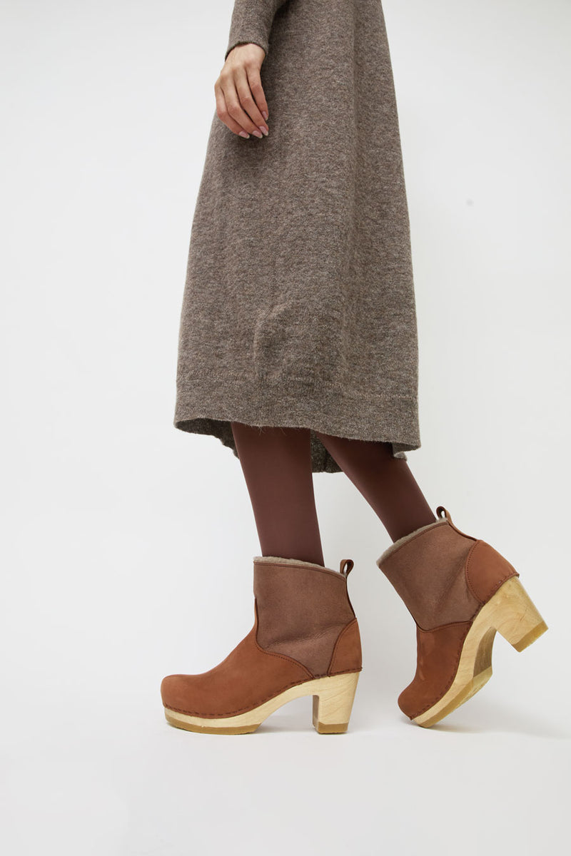 No.6 5" Pull on Shearling Clog Boot on High Heel in Russet